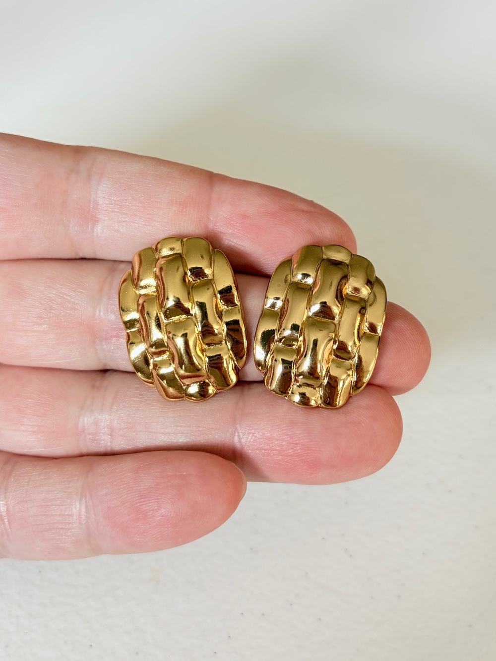 Gold Textured Hoop Stud Earrings. - Picture 3 of 7